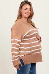 Taupe Striped Side Slit Maternity Plus Sweater