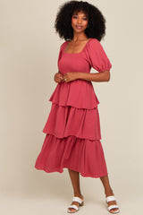 Magenta Smocked Body Ruffled Tiered Midi Dress
