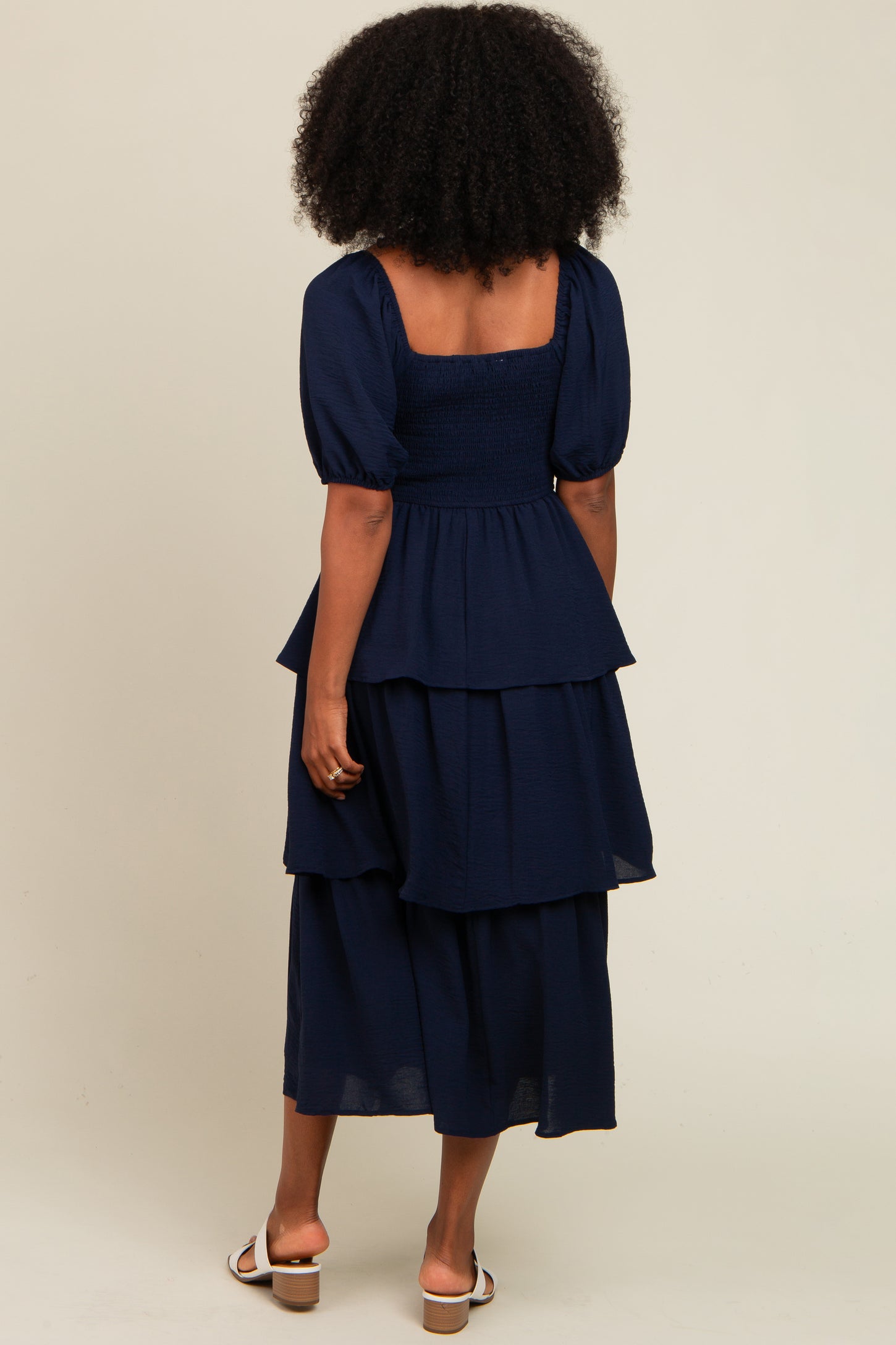 Navy Smocked Body Ruffled Tiered Midi Dress Navy Smocked Body Ruffled Tiered Midi Dress