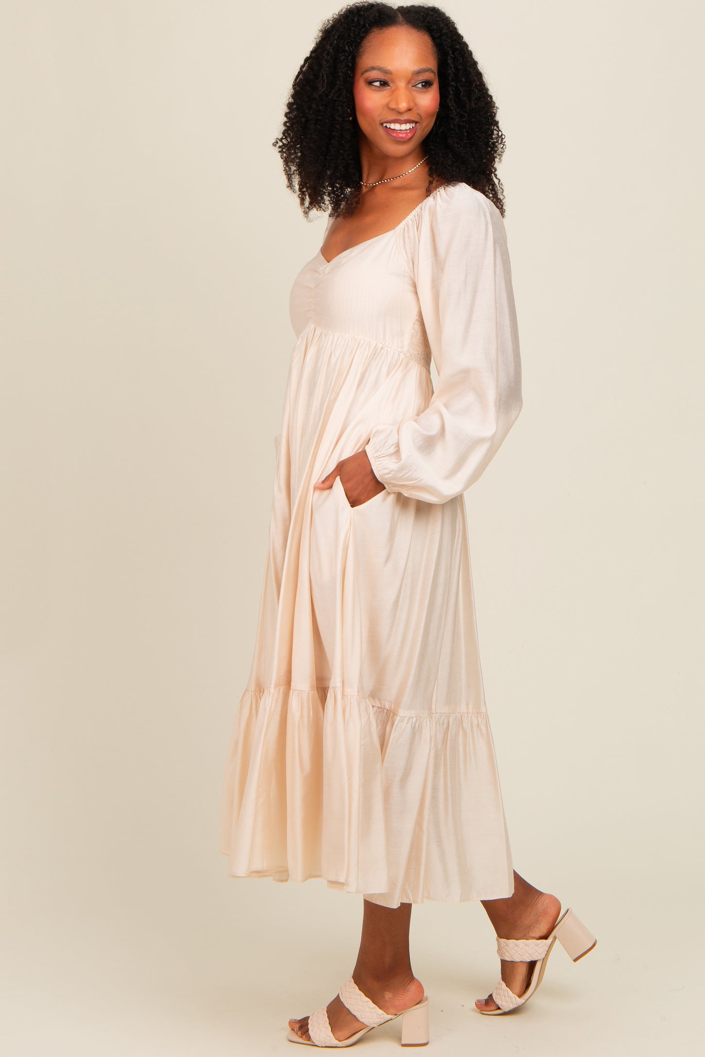 Beige Front Ruched Babydoll Midi Dress PinkBlush Beige Front Ruched Babydoll Midi Dress PinkBlush