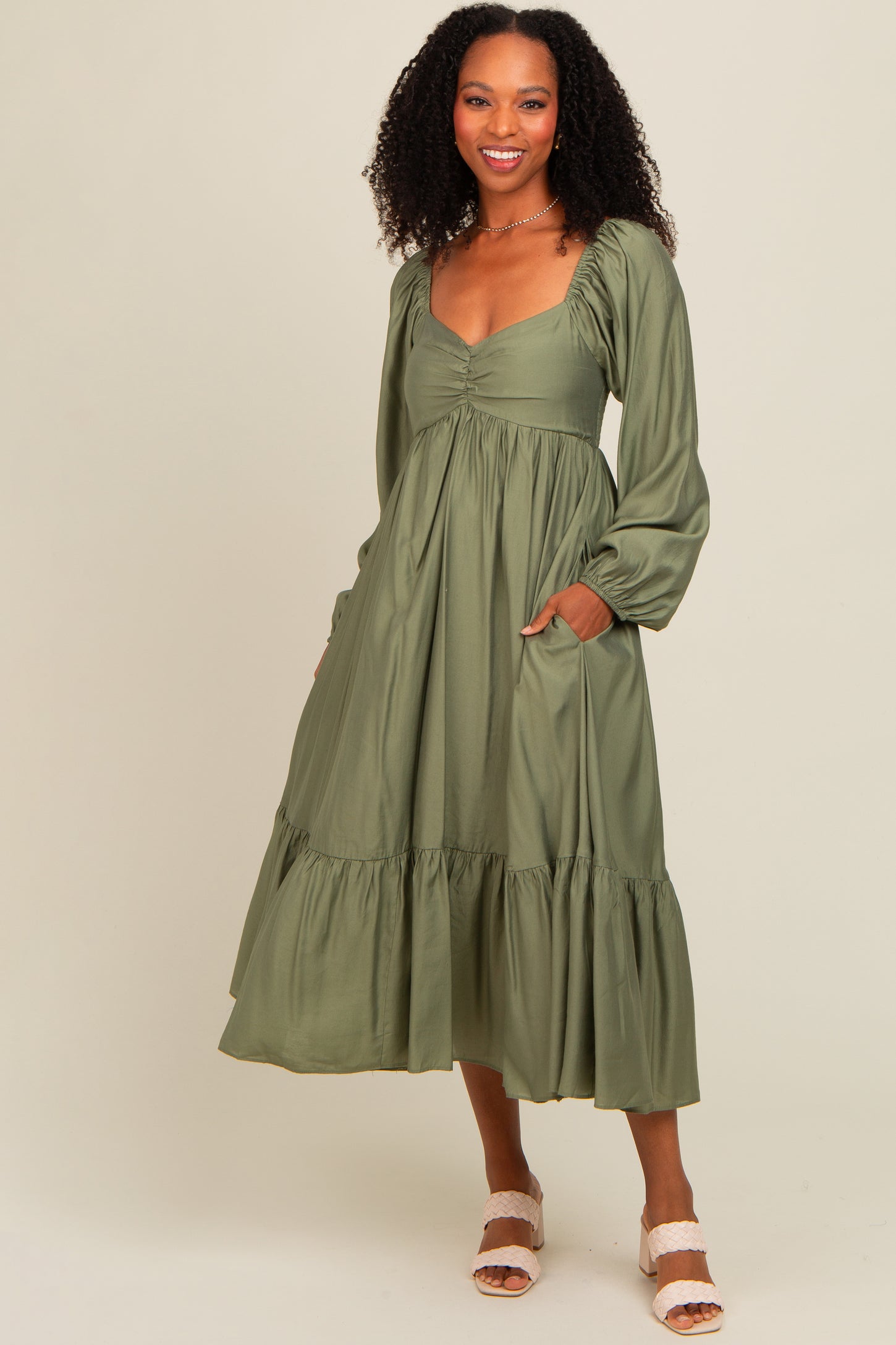 Olive Front Ruched Babydoll Midi Dress – PinkBlush Olive Front Ruched Babydoll Midi Dress – PinkBlush