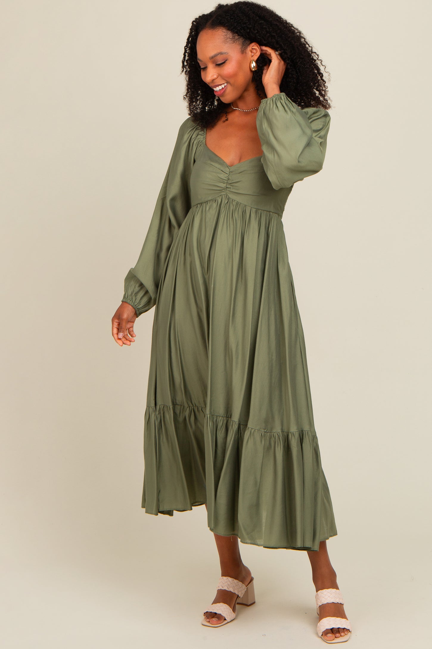 babydoll midi dress Olive Front Ruched Babydoll Midi Dress – PinkBlush