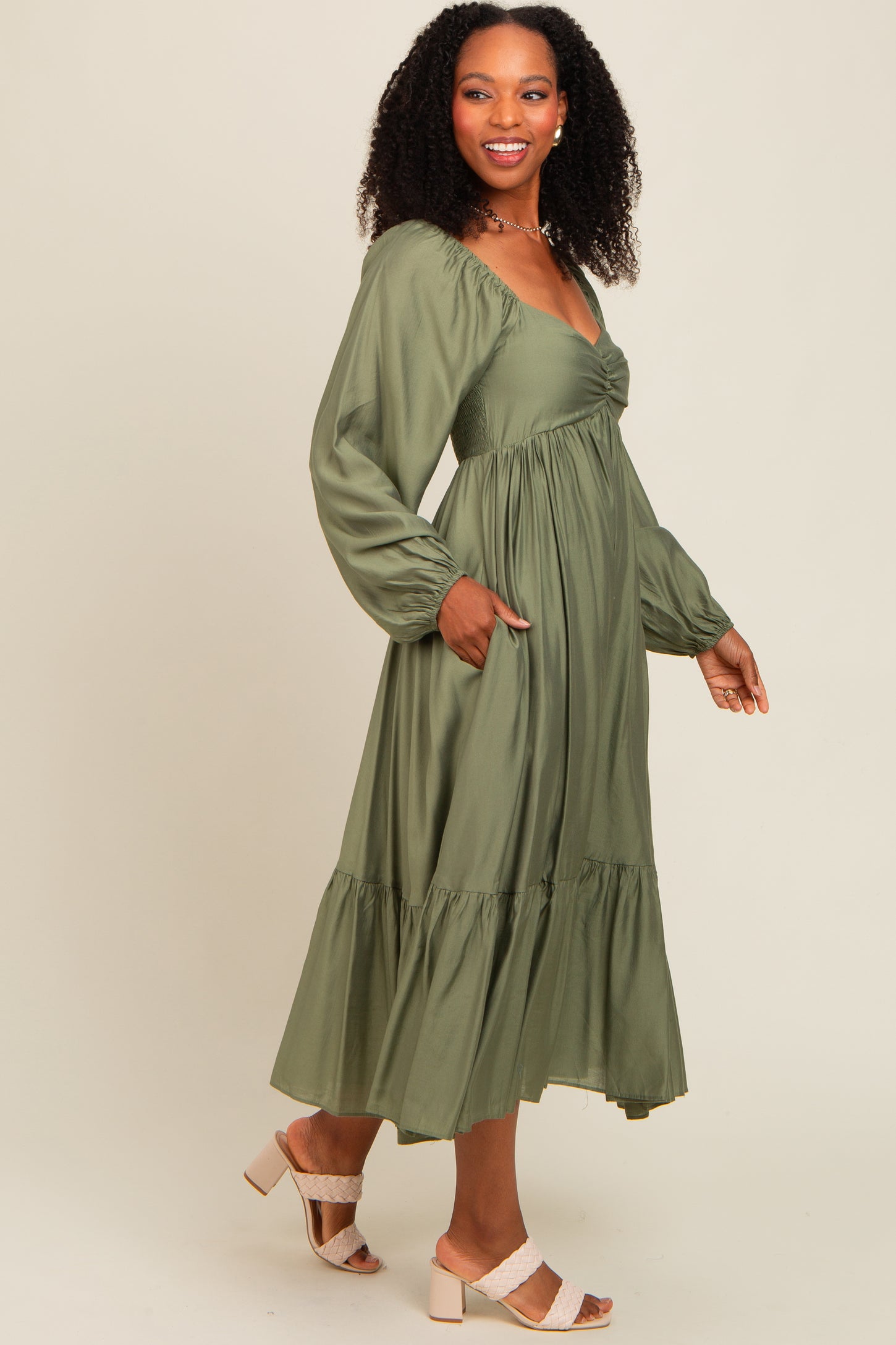 Olive Front Ruched Babydoll Midi Dress PinkBlush Olive Front Ruched Babydoll Midi Dress PinkBlush