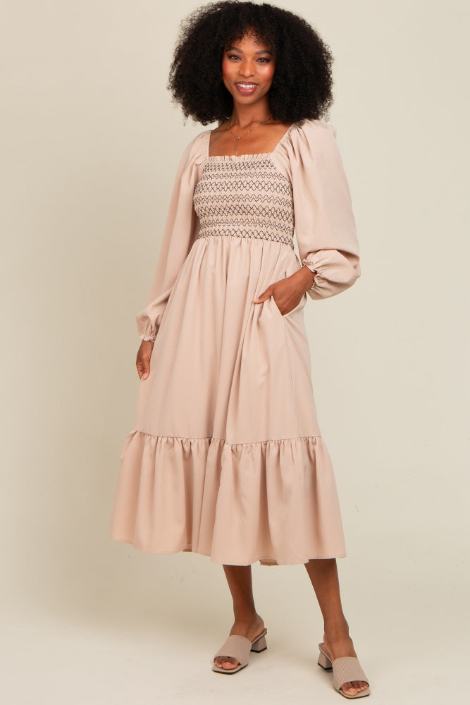 Beige Contrast Smocked Balloon Sleeve Midi Dress