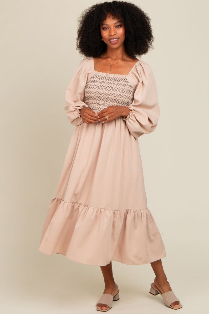 Beige Contrast Smocked Balloon Sleeve Midi Dress Beige Contrast Smocked Balloon Sleeve Midi Dress