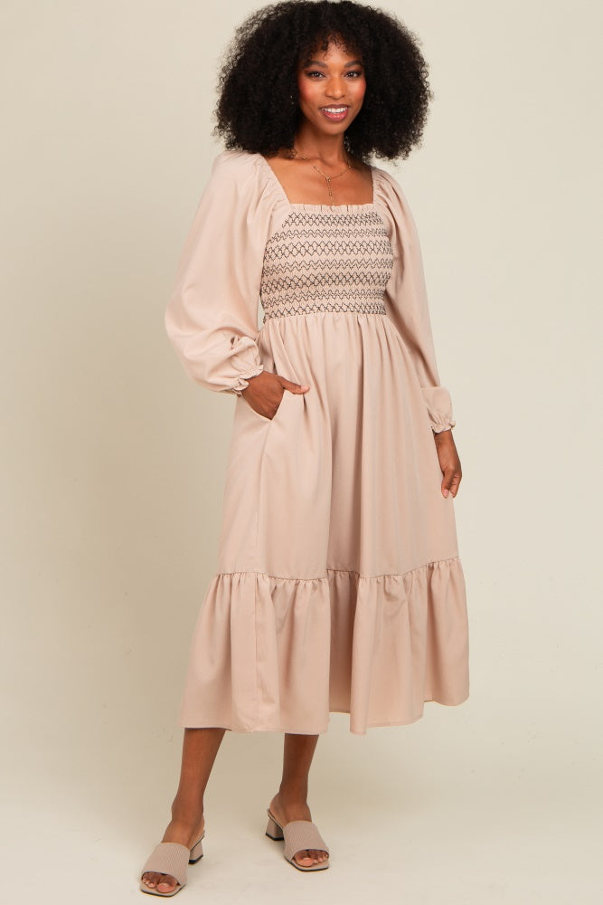 Beige Contrast Smocked Balloon Sleeve Midi Dress – PinkBlush