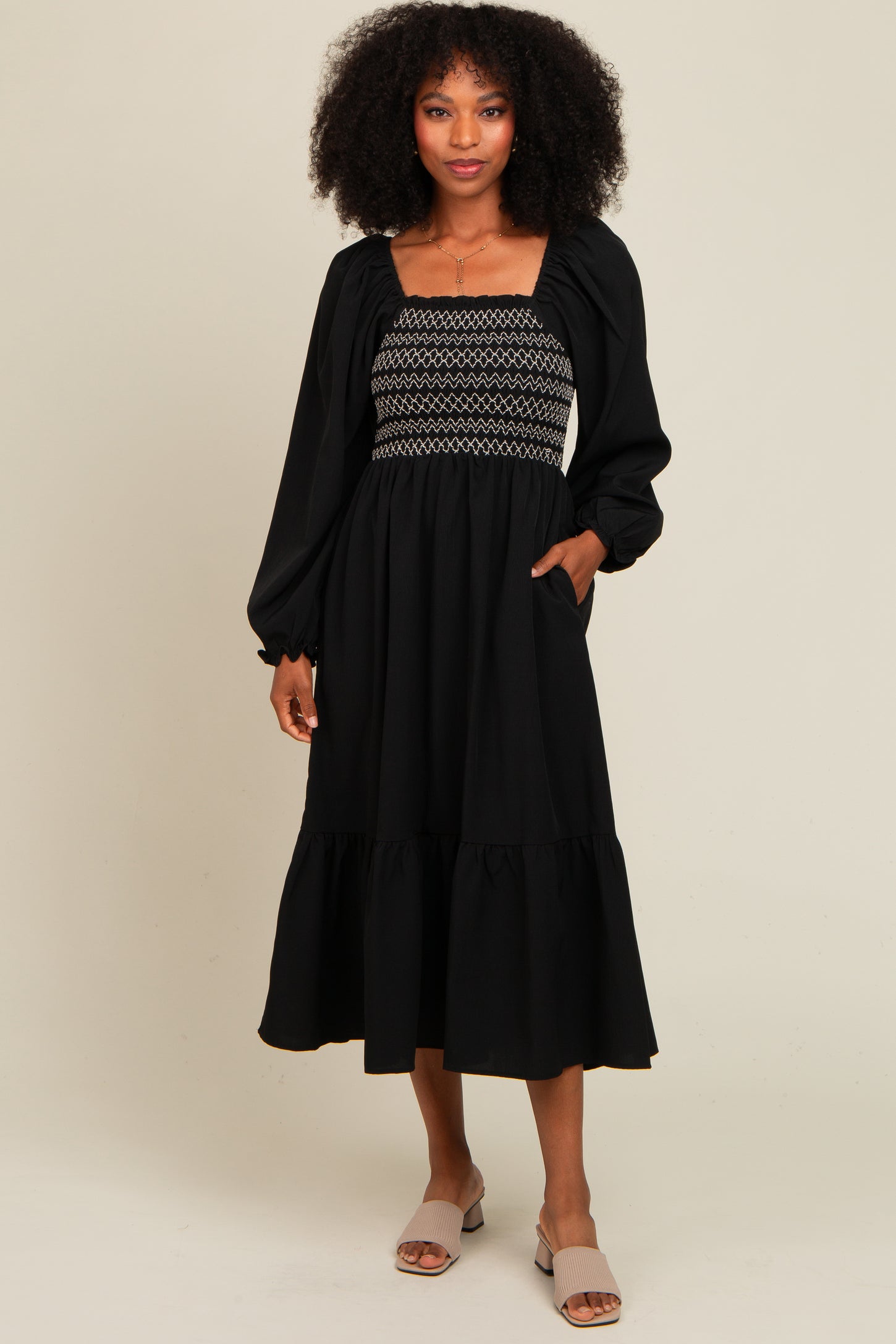 Black Contrast Smocked Balloon Sleeve Midi Dress PinkBlush Black Contrast Smocked Balloon Sleeve Midi Dress PinkBlush