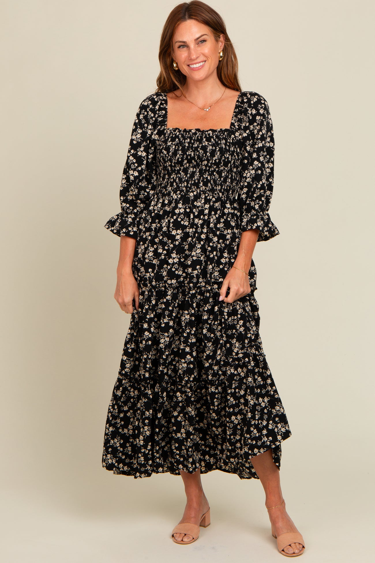 Black Smocked Tiered Pocketed Midi Dress PinkBlush Black Smocked Tiered Pocketed Midi Dress PinkBlush