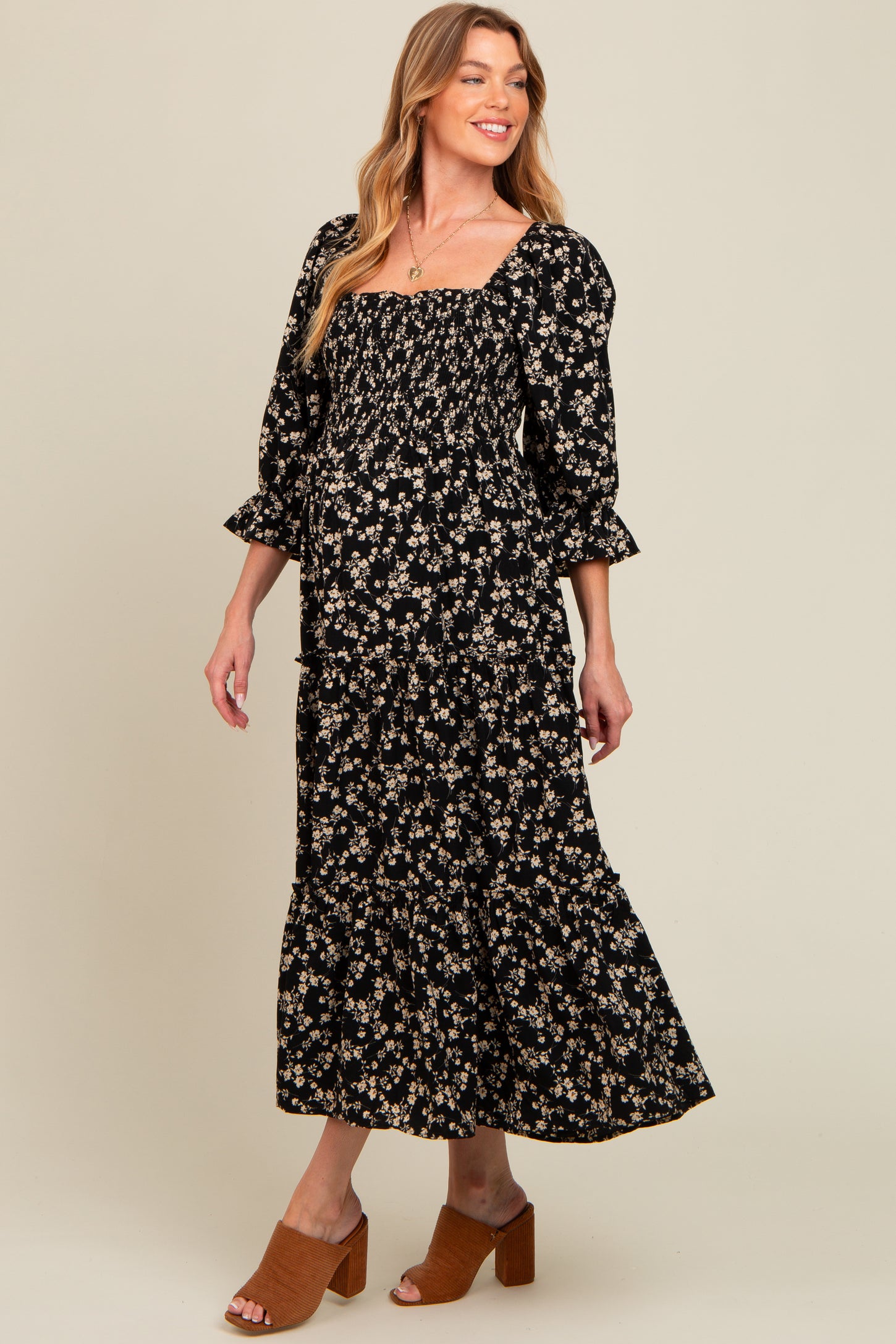 Black Smocked Tiered Pocketed Maternity Midi Dress