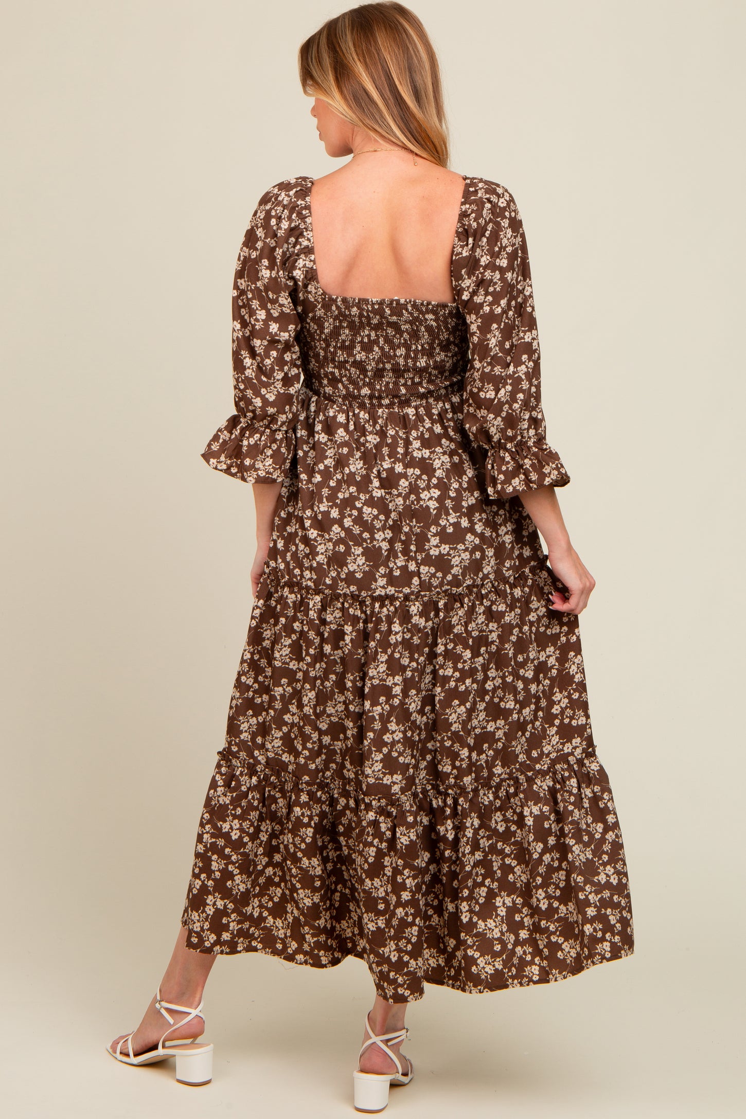 Brown Smocked Tiered Pocketed Maternity Midi Dress – PinkBlush