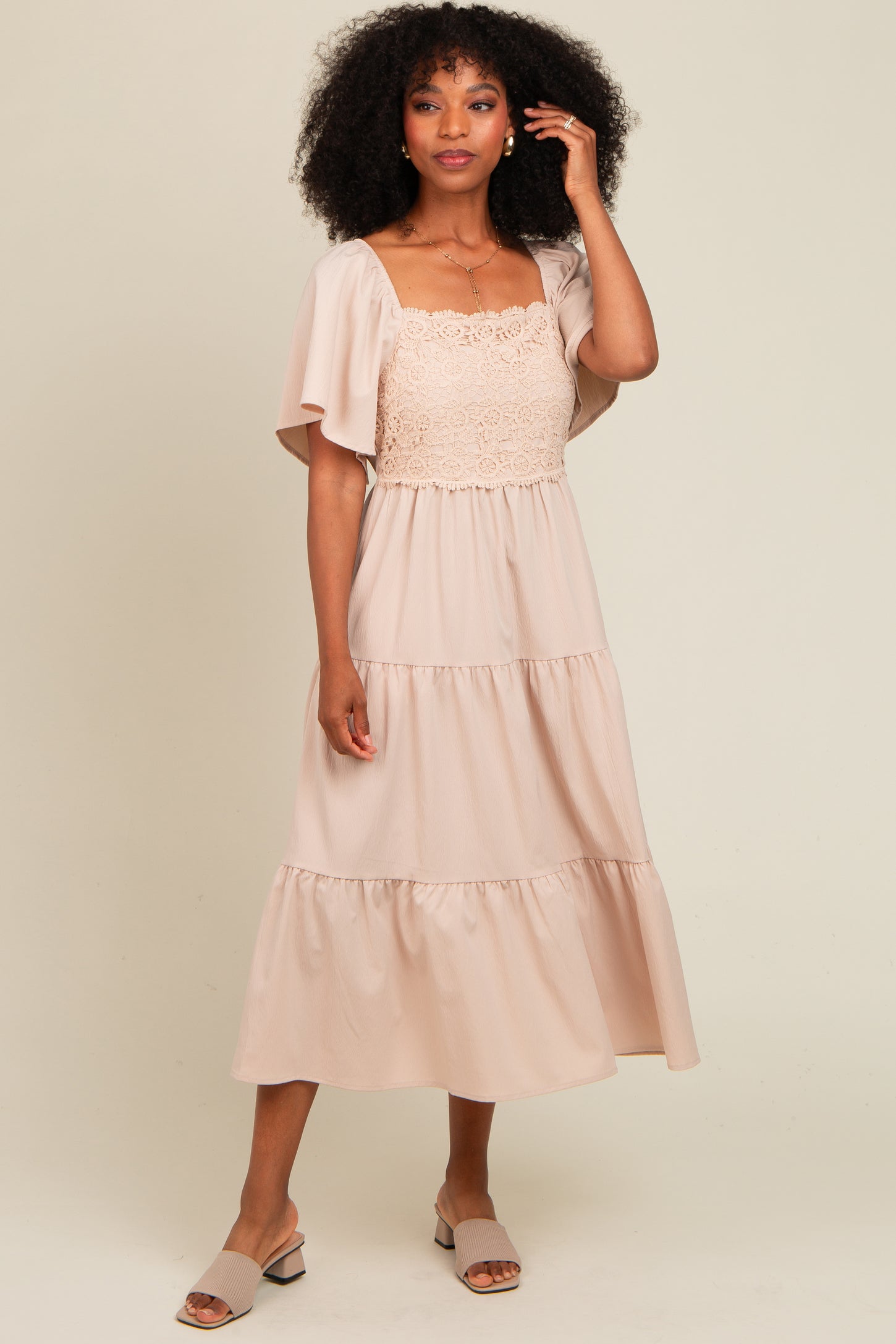 Beige Crochet Tiered Lace Midi Dress