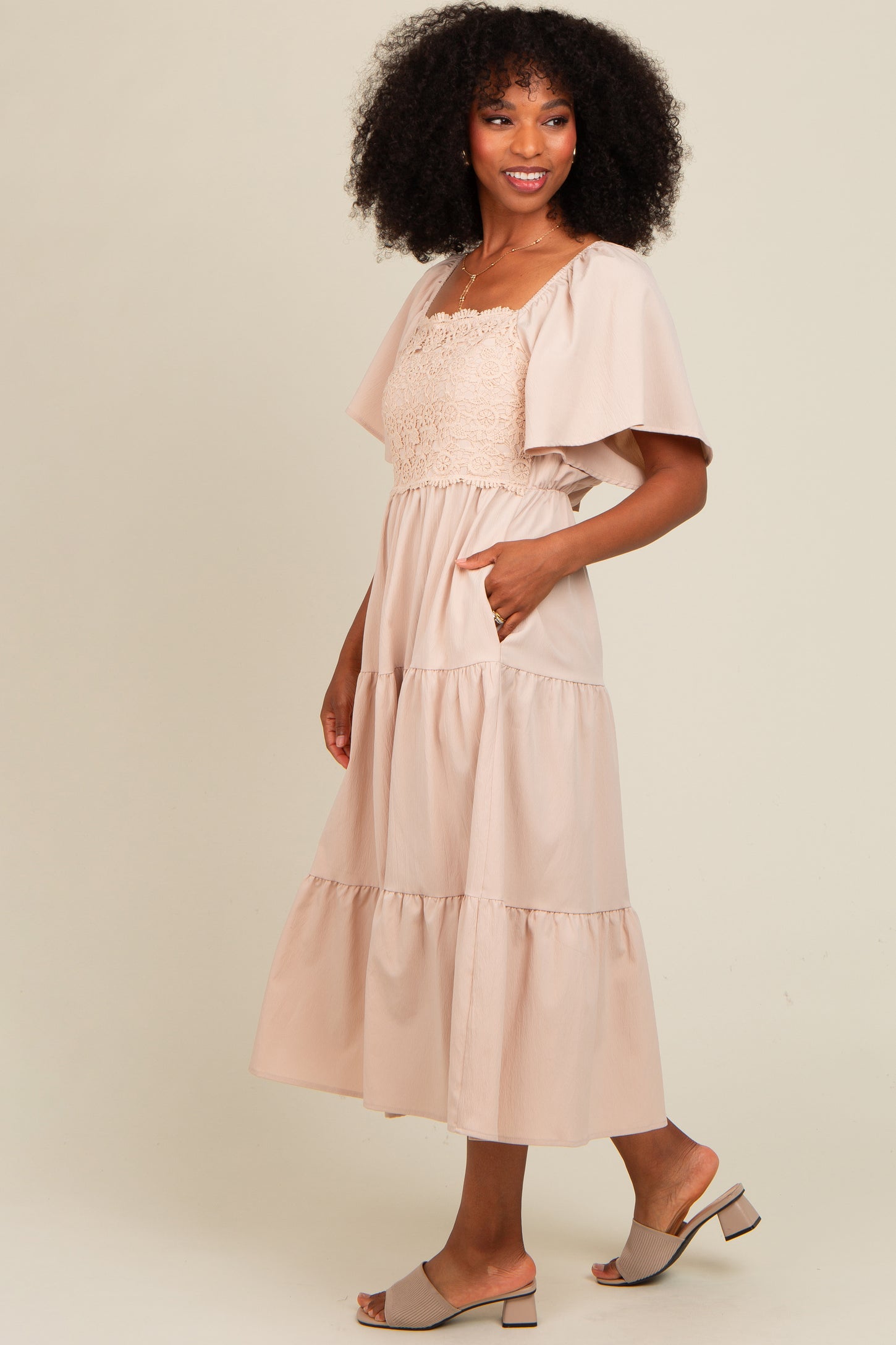 Beige Crochet Tiered Lace Midi Dress PinkBlush Beige Crochet Tiered Lace Midi Dress PinkBlush