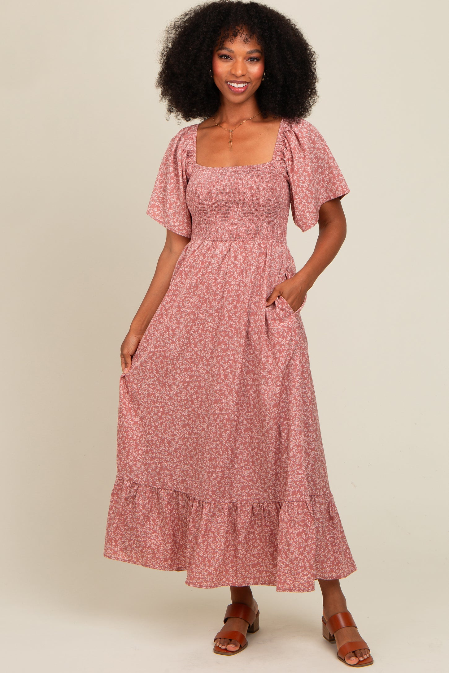 Mauve Flowy Ditsy Floral Smocked Maternity Midi Dress PinkBlush Mauve Flowy Ditsy Floral Smocked Maternity Midi Dress PinkBlush