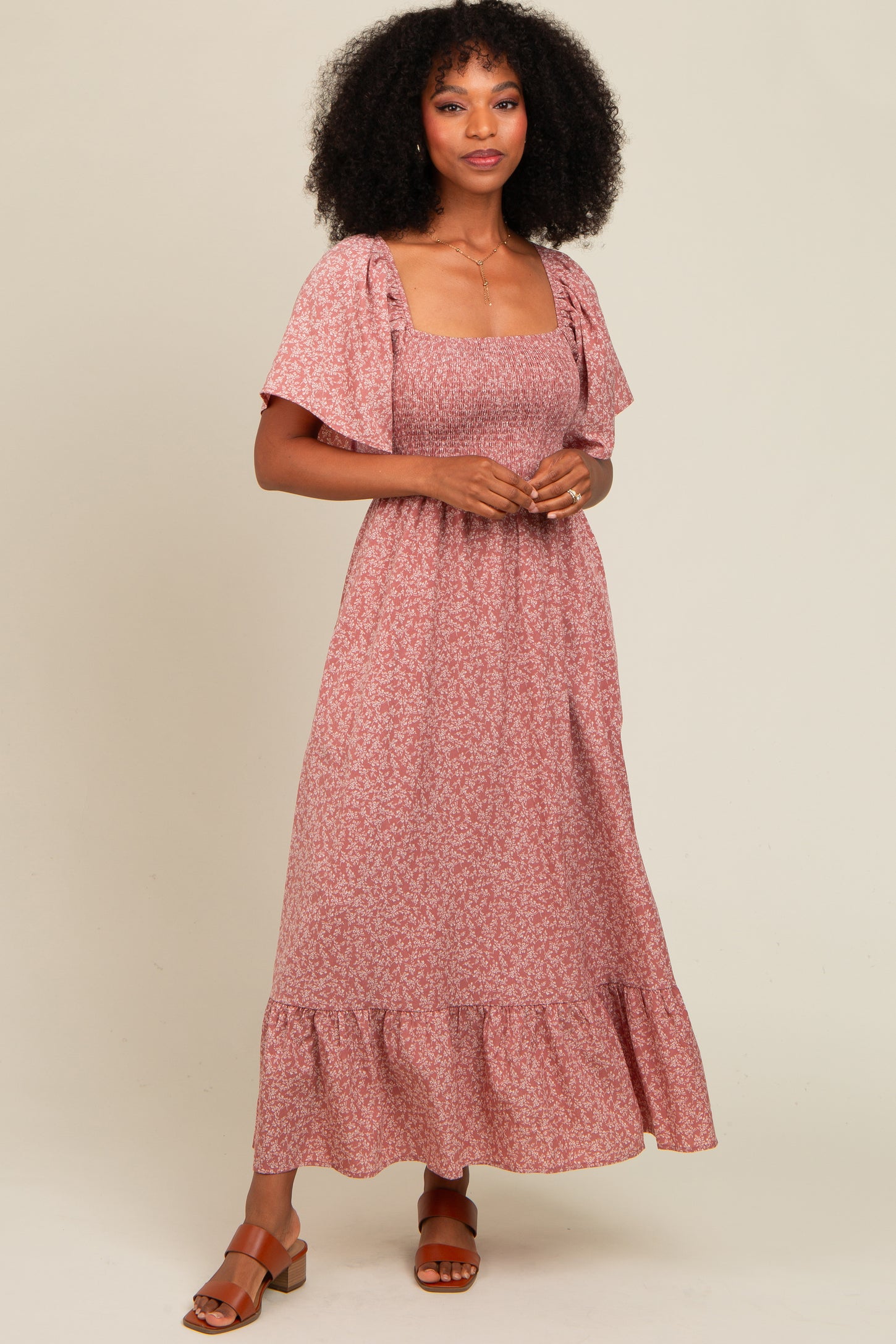 Mauve Flowy Ditsy Floral Smocked Midi Dress PinkBlush Mauve Flowy Ditsy Floral Smocked Midi Dress PinkBlush