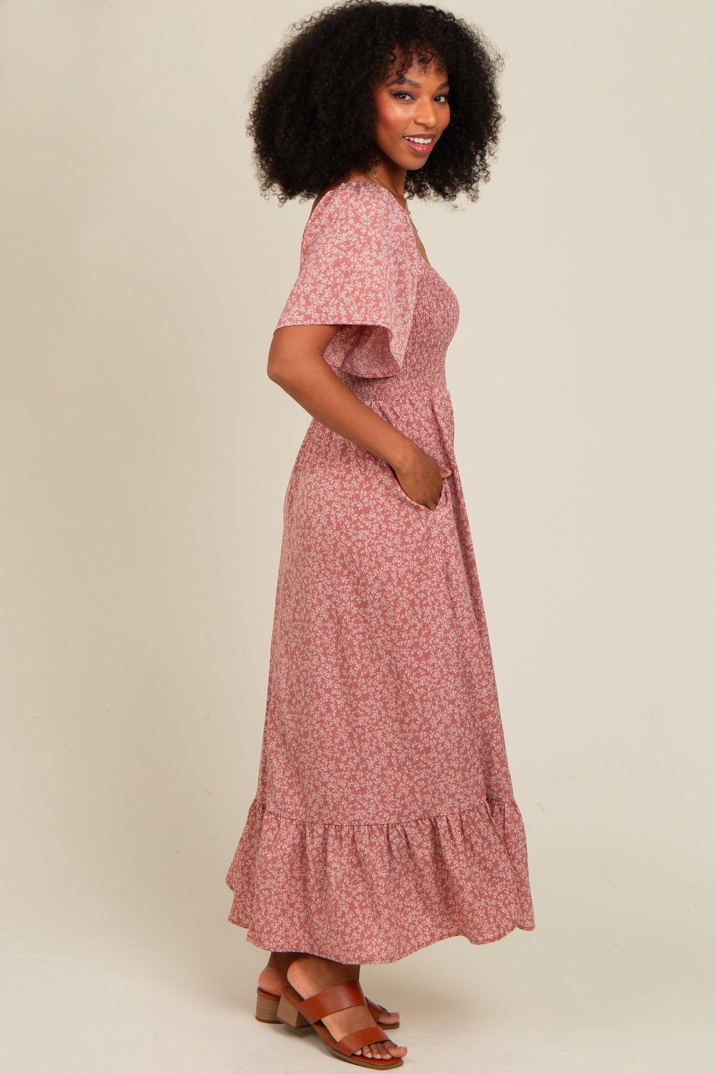Mauve Flowy Ditsy Floral Smocked Midi Dress PinkBlush Mauve Flowy Ditsy Floral Smocked Midi Dress PinkBlush