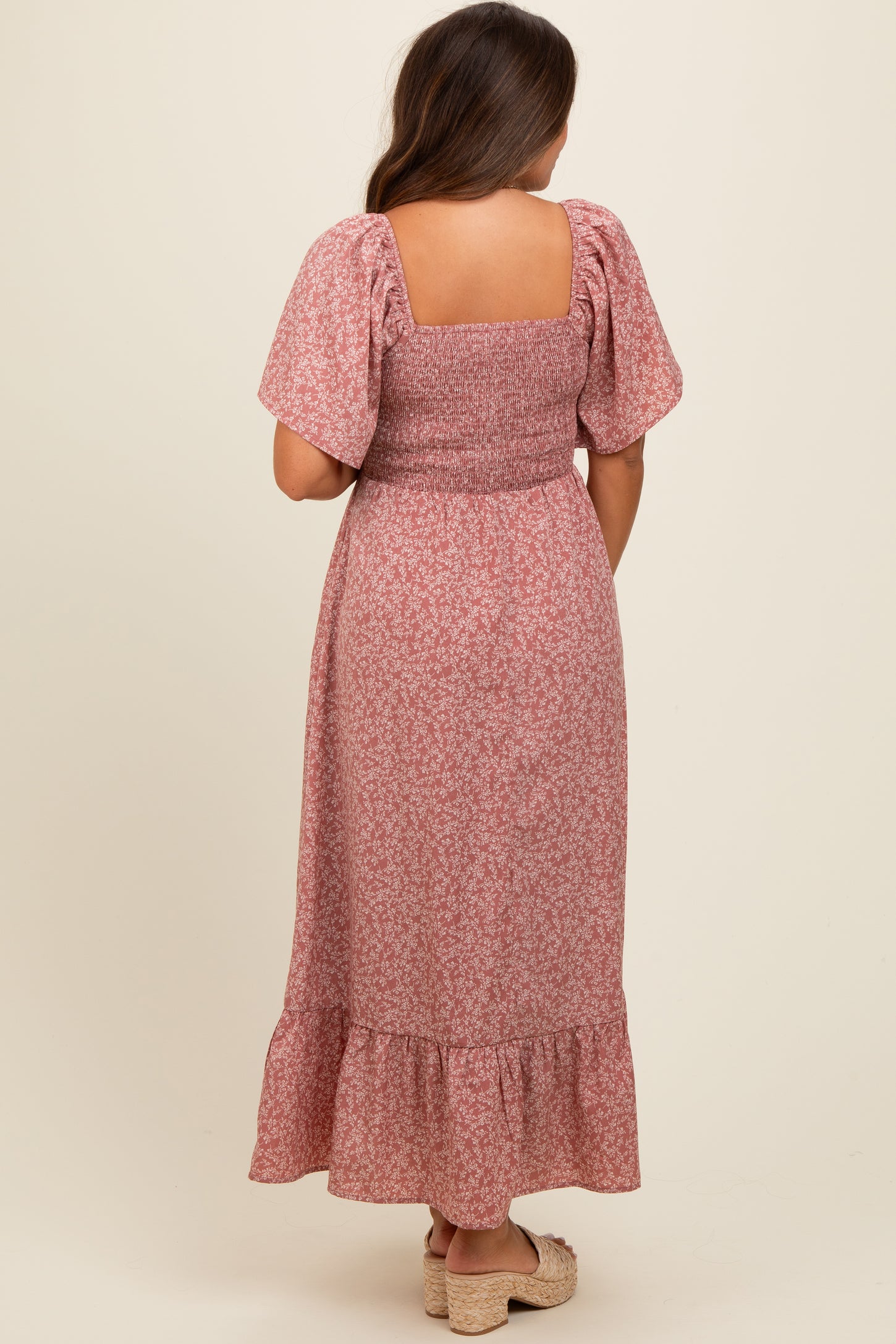 Mauve Flowy Ditsy Floral Smocked Maternity Midi Dress PinkBlush Mauve Flowy Ditsy Floral Smocked Maternity Midi Dress PinkBlush