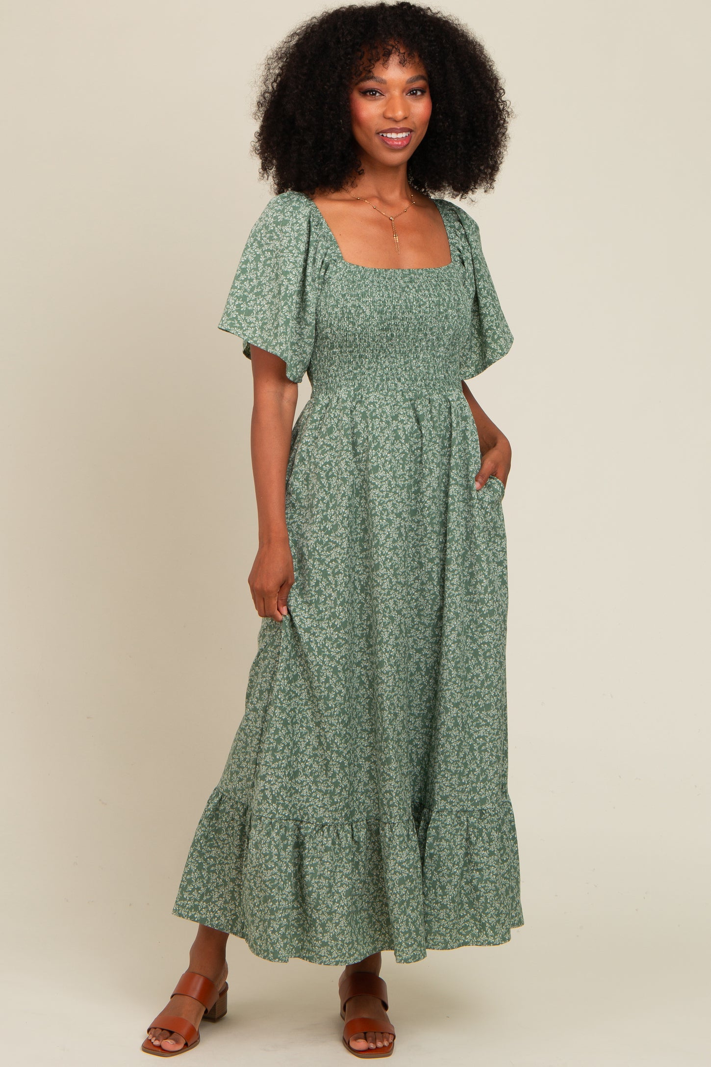 Sage Flowy Ditsy Floral Smocked Maternity Midi Dress