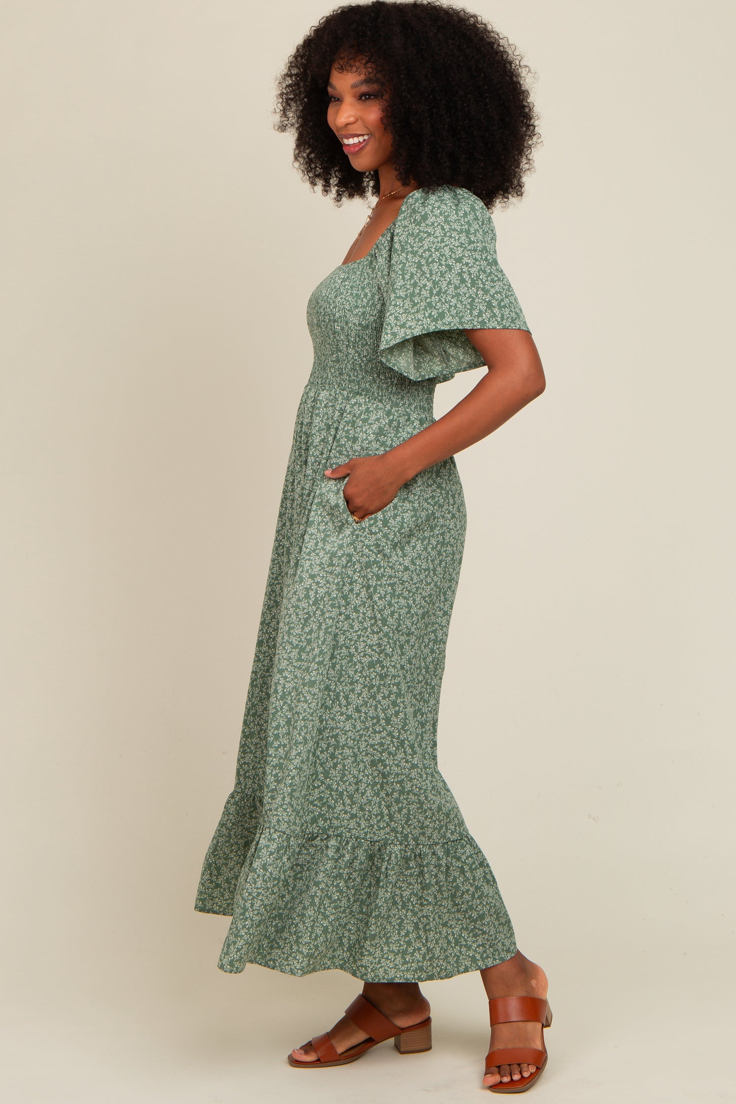flowy sage dress Flutter Sleeve Maxi Dress - Sage Bridesmaid Dress - V-Neck Maxi