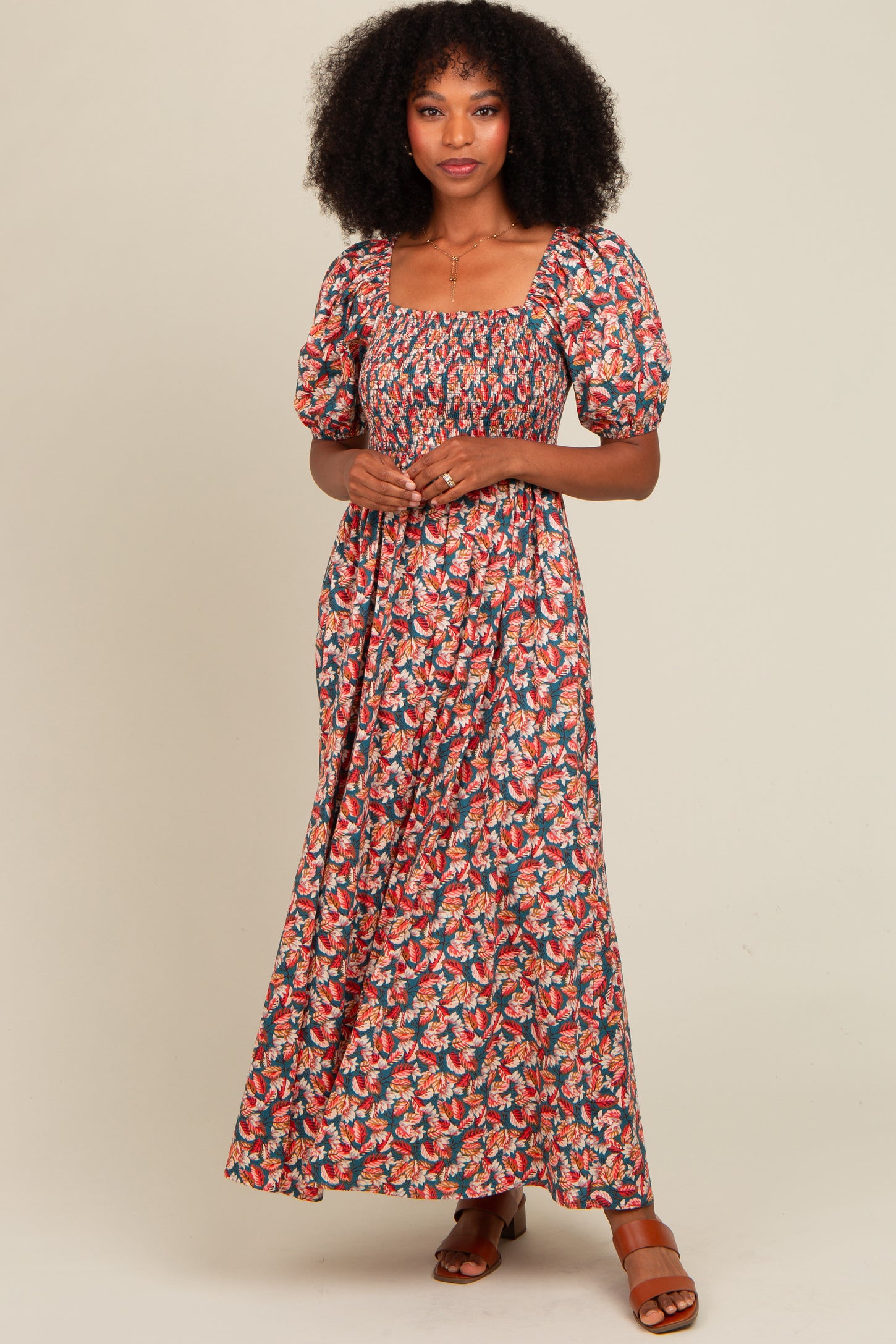 Teal Multi-Color Leaf Print Smocked Maxi Dress PinkBlush Teal Multi-Color Leaf Print Smocked Maxi Dress PinkBlush