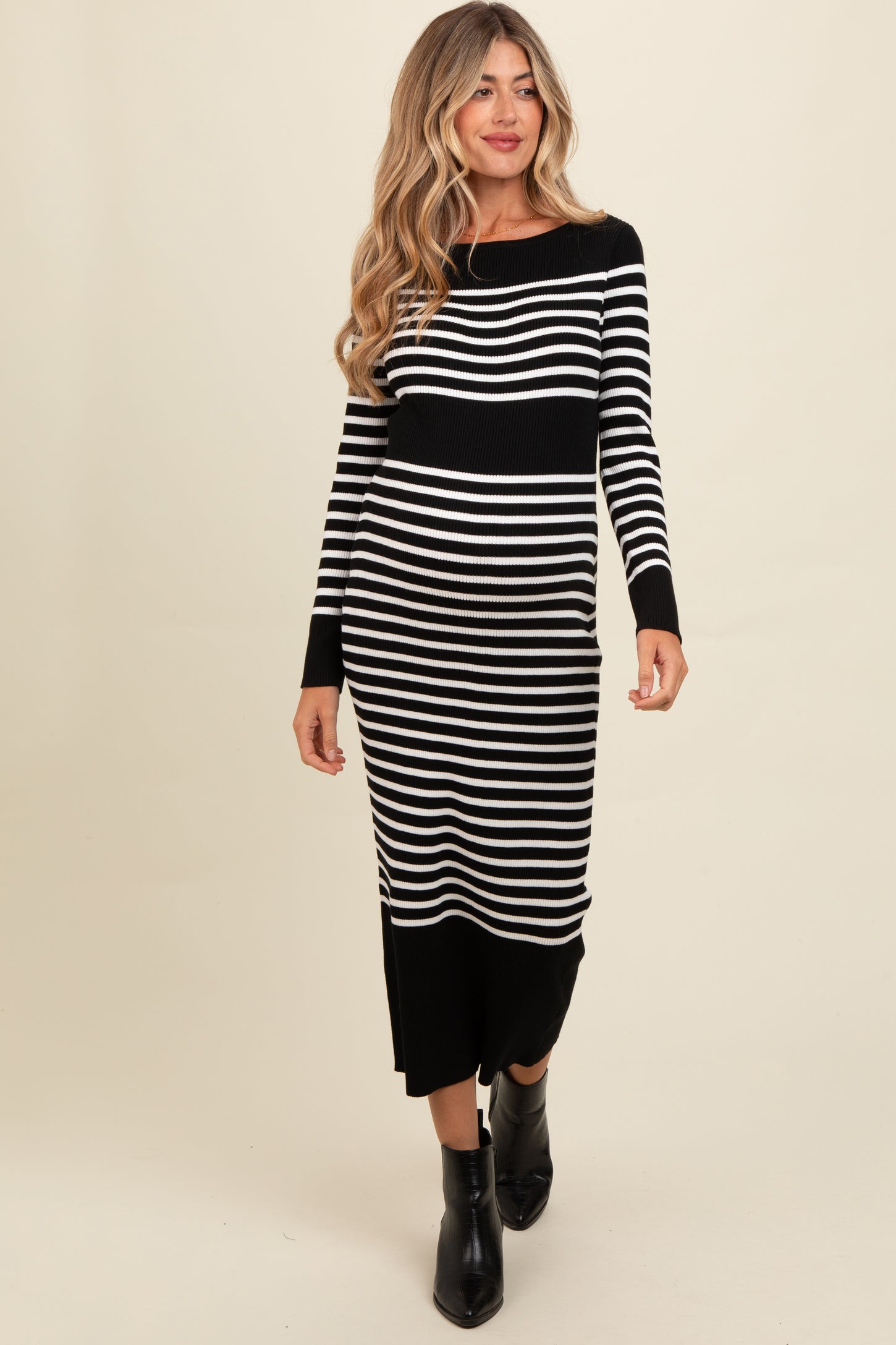 striped sweater dress midi Sumleno Womens Striped Sweater Dress Crew Neck Long Sleeve Slim Fit Knit Midi Maxi Dress Trendy Fall Winter Long Dress (Beige,S) at Amazon Women's Clothing store