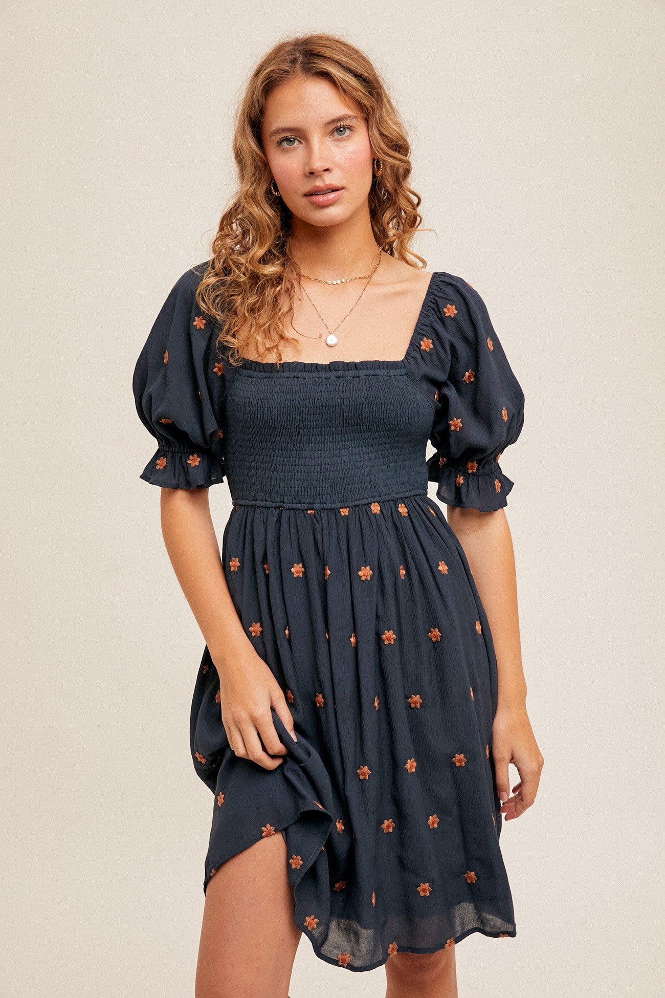 Navy Blue Floral Embroidered Smocked Maternity Dress