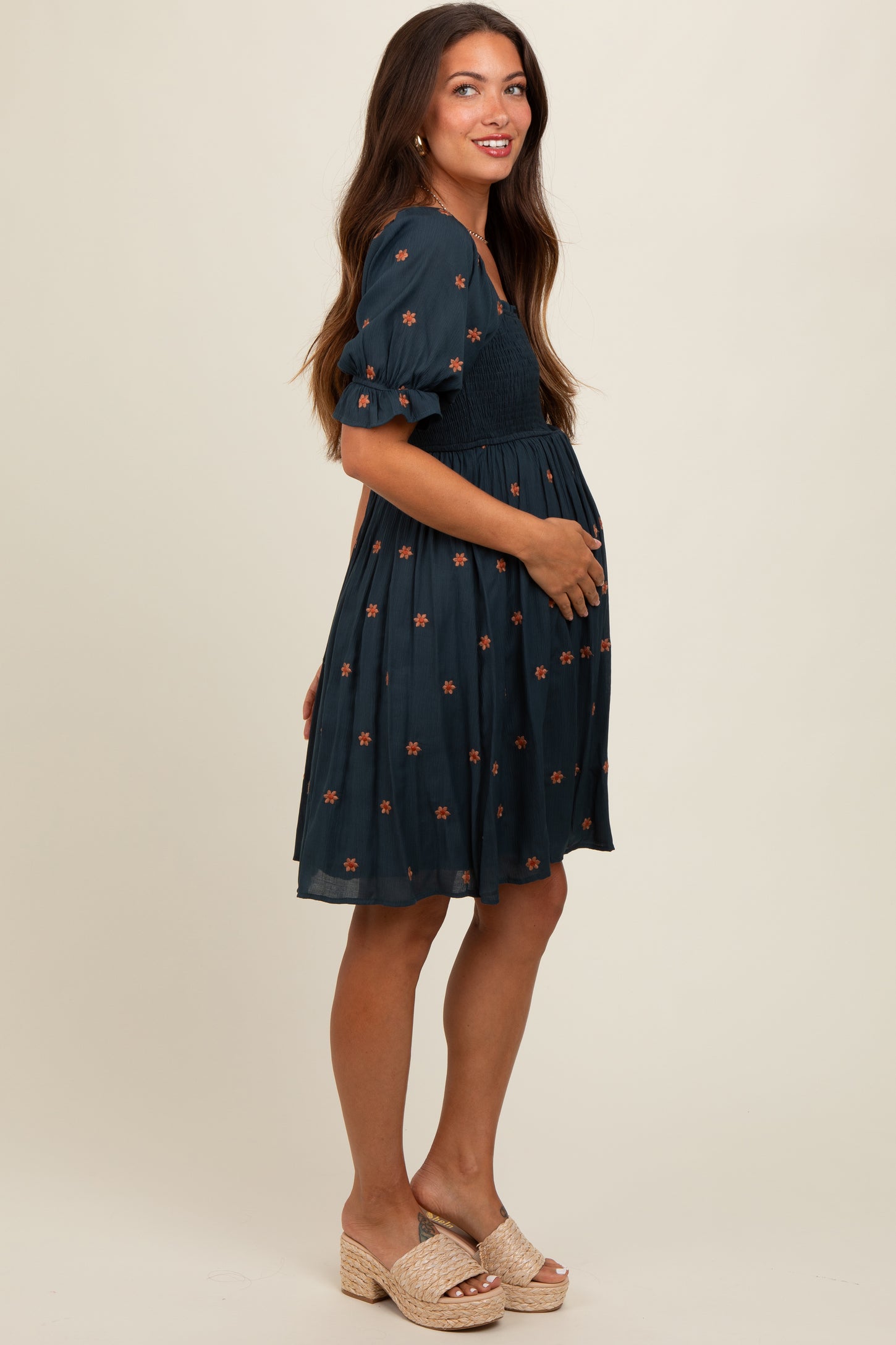 Navy Blue Floral Embroidered Smocked Maternity Dress – PinkBlush