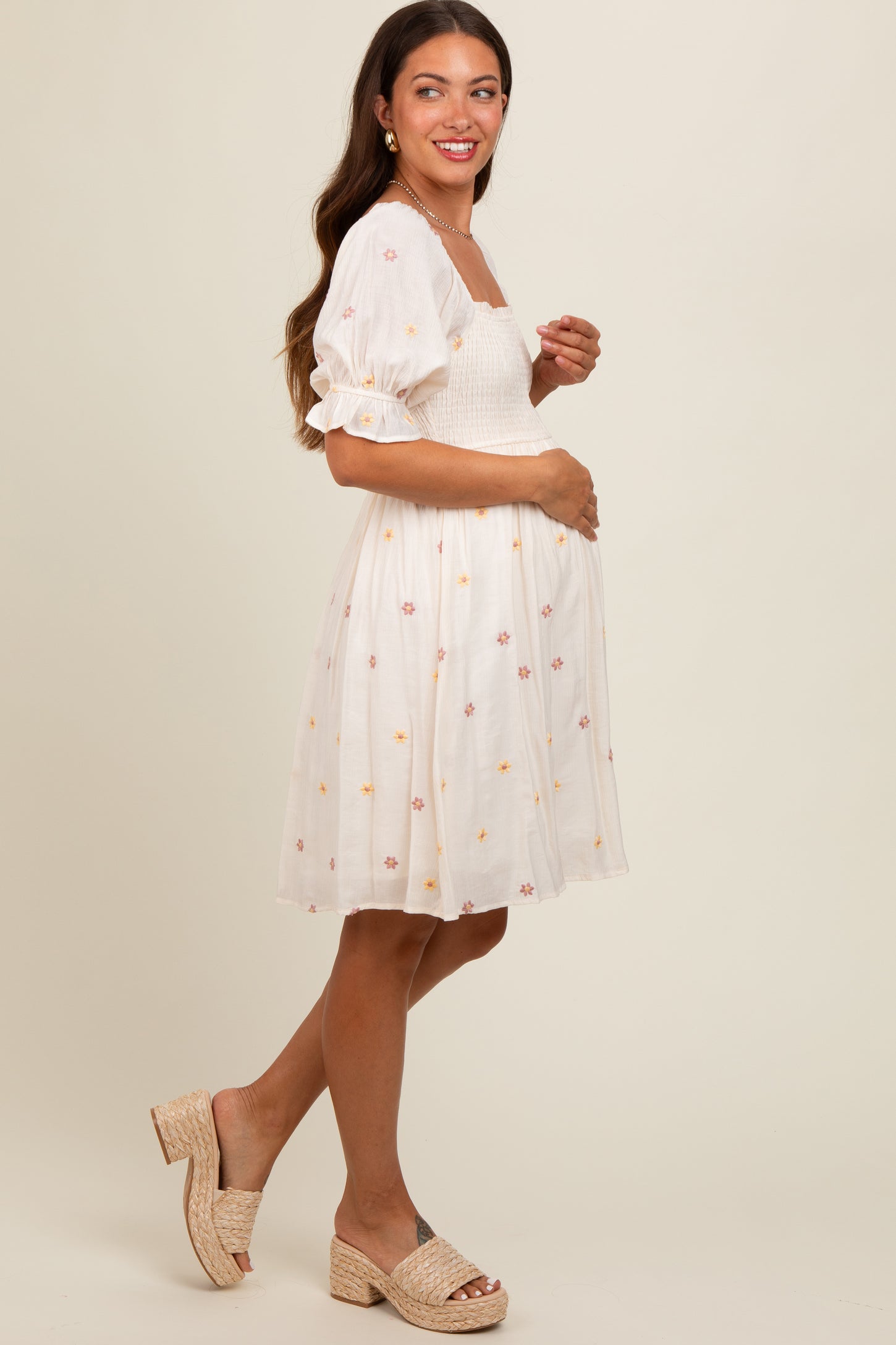 Cream Floral Embroidered Smocked Maternity Dress – PinkBlush