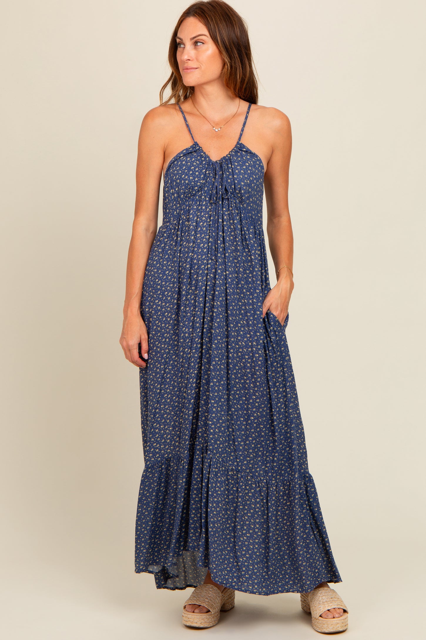 Blue Floral Tie Front Maternity Maxi Dress Blue Floral Tie Front Maternity Maxi Dress