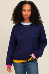 Navy Blue Colorblock Trim Sweater