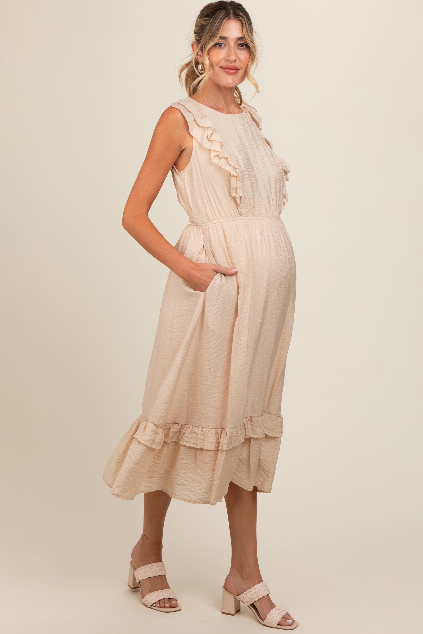 Beige Texture Ruffle Accent Maternity Midi Dress – PinkBlush