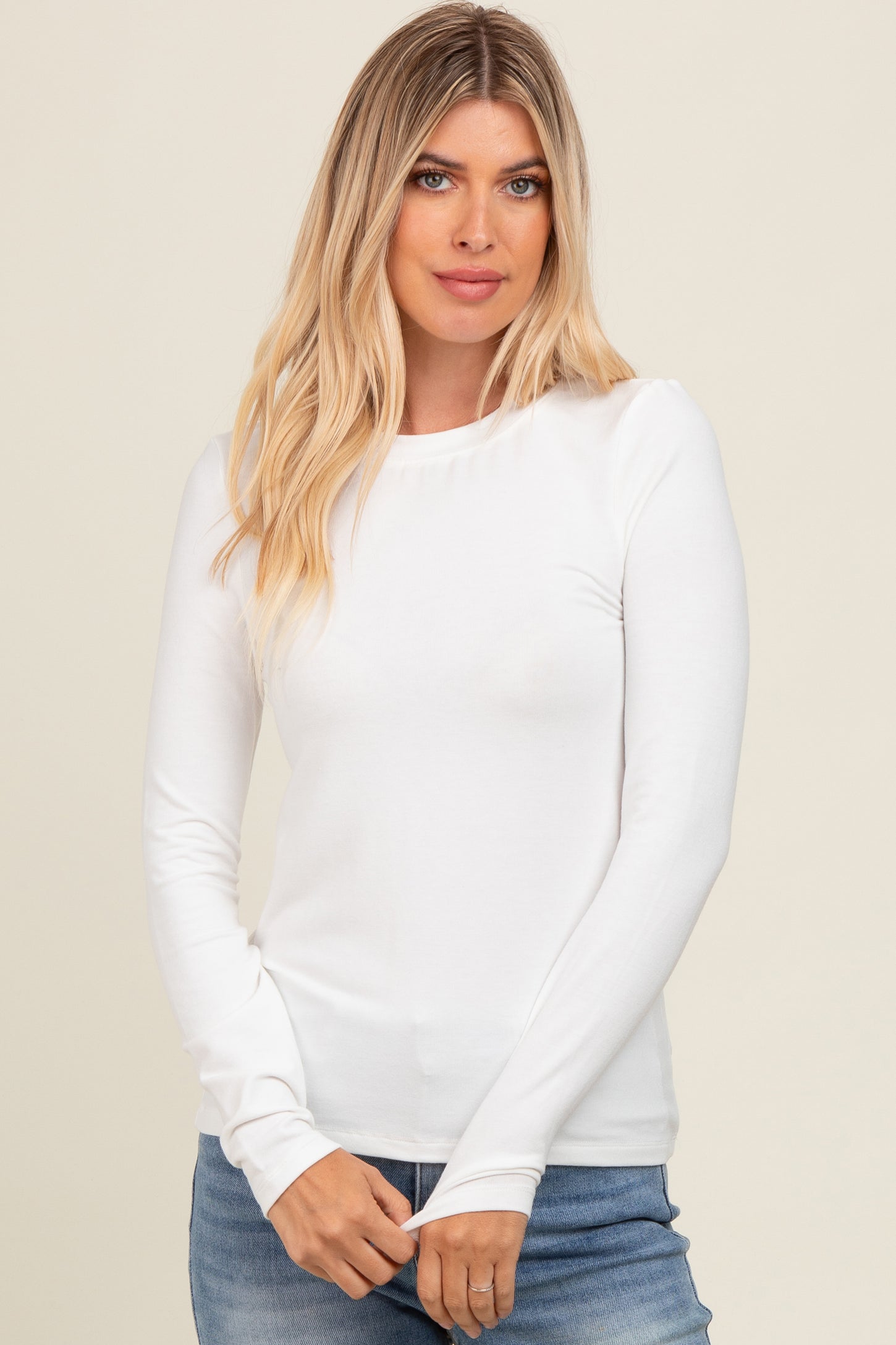 White Basic Fitted Long Sleeve Top