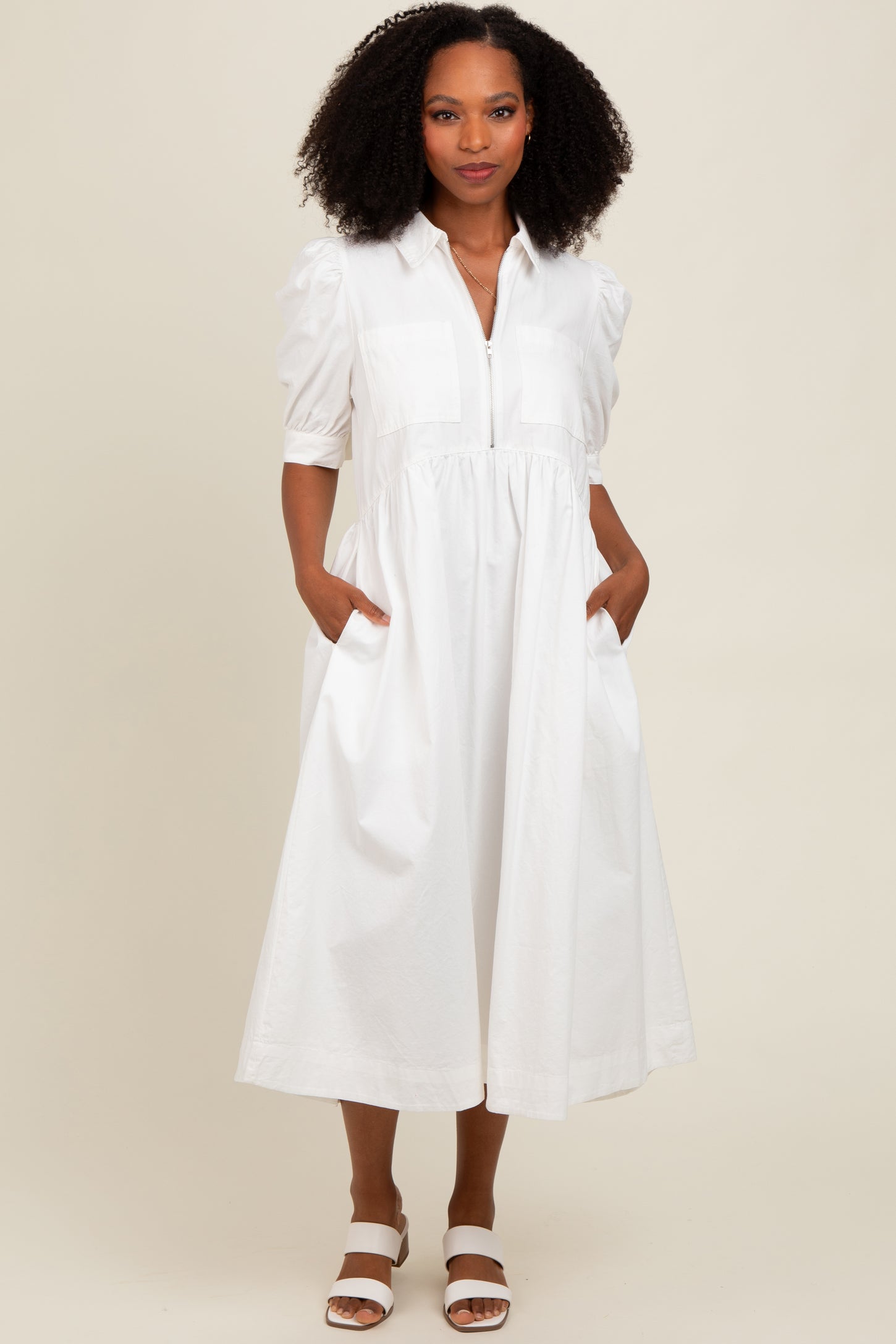 White Half Zip Midi Dress