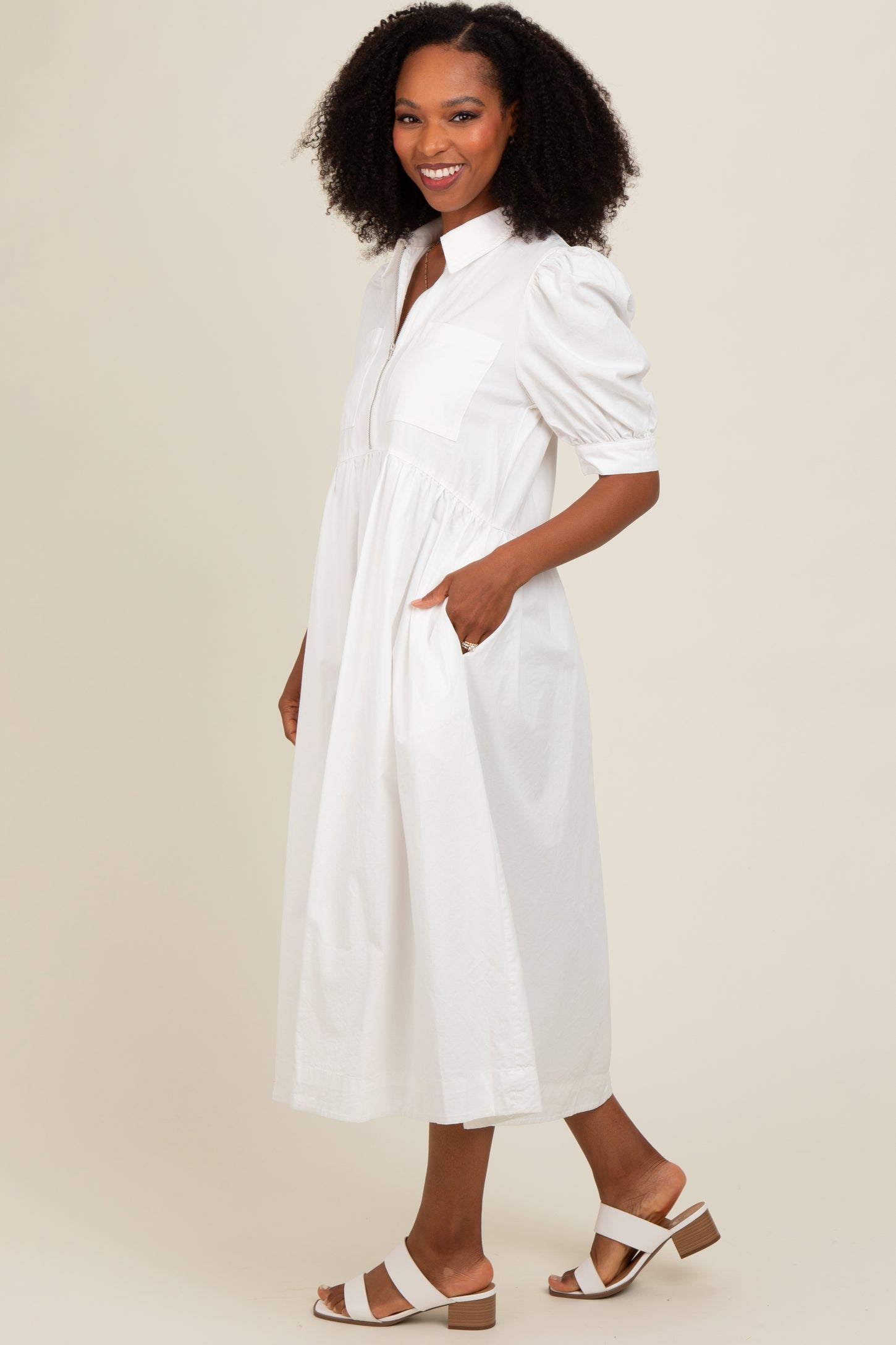midi zip dress Meet Me Seaside Striped Zip Up Midi Dress, Ivory / Large