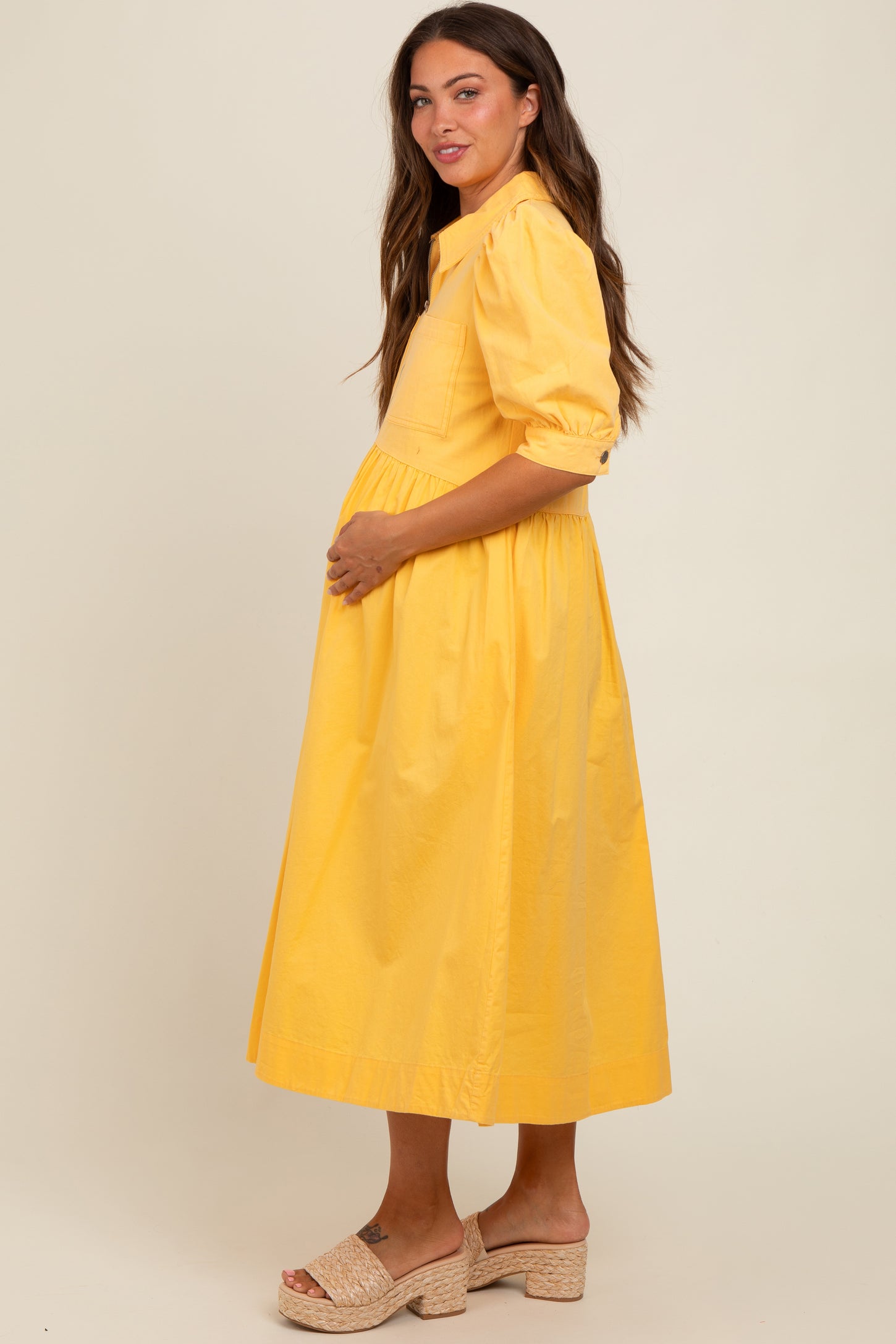 Yellow Half Zip Maternity Midi Dress