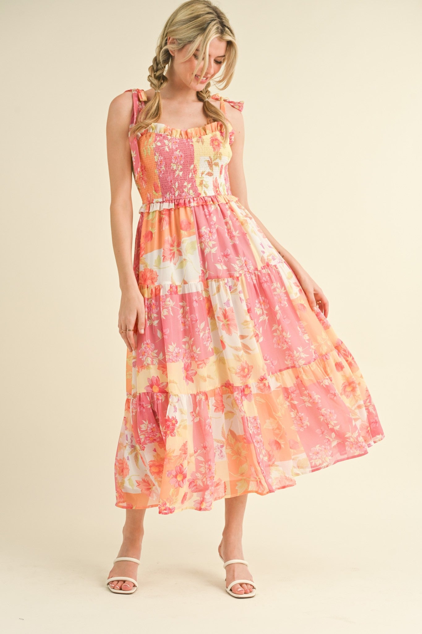 floral smocked tiered midi dress Ivory Floral Smocked Tiered Midi Dress
