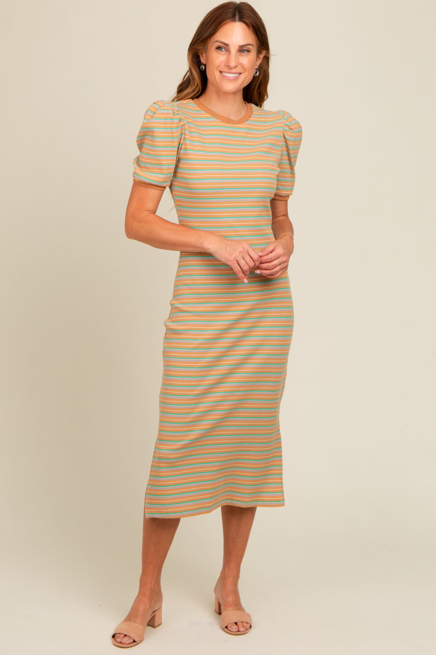 Beige Multi Striped Puff Sleeve Maternity Midi Dress