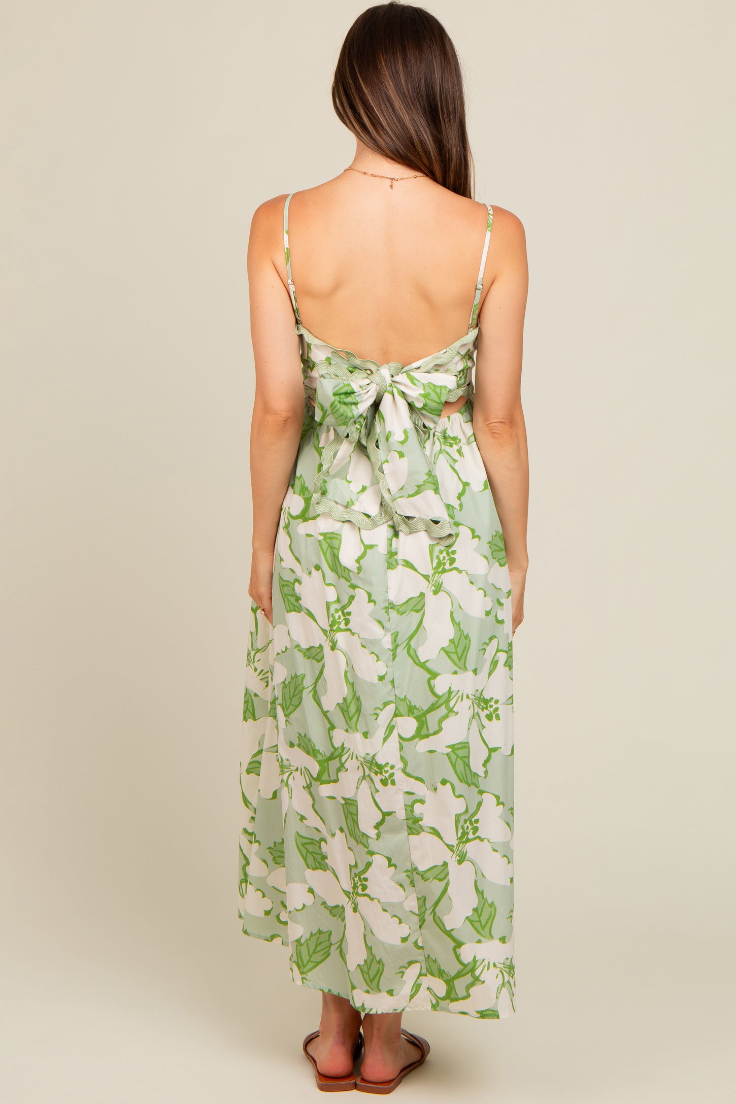 Green Floral Wave Trim Back Tie Maternity Midi Dress
