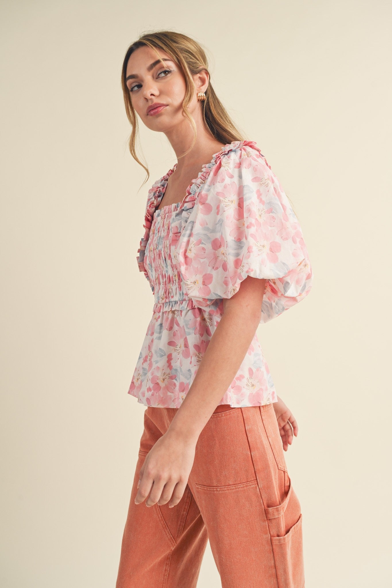 Pink Multi Floral Ruffle Trim Smocked Puff Sleeve Top – PinkBlush
