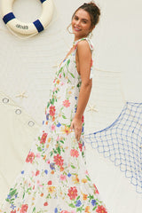 Off White Printed Shoulder Tie Maxi Dress