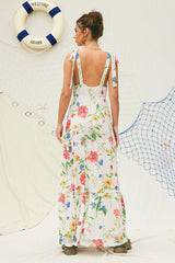 Off White Printed Shoulder Tie Maxi Dress