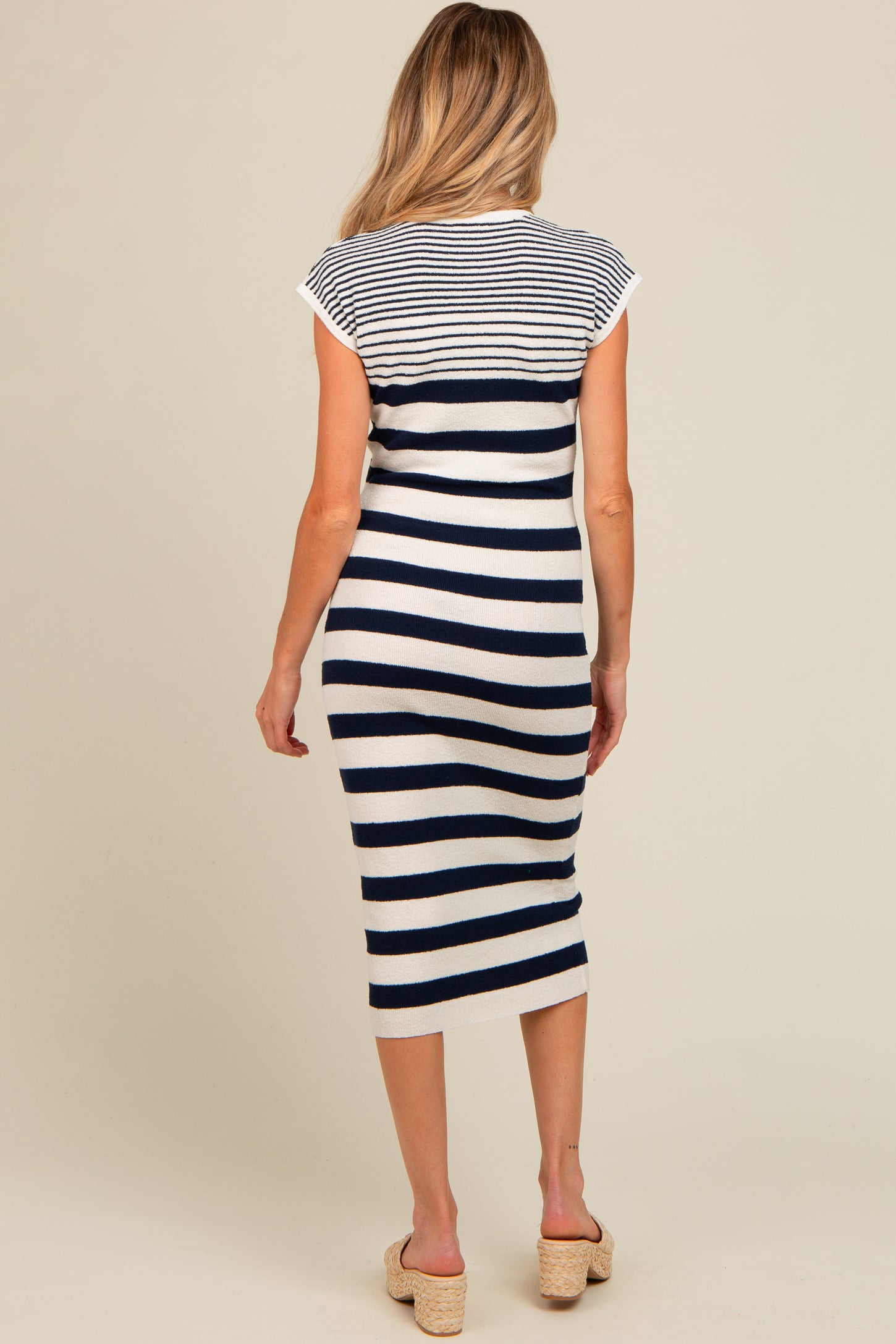 Navy Blue Mixed Striped Maternity Midi Dress