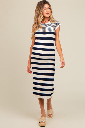 Navy Blue Mixed Striped Maternity Midi Dress