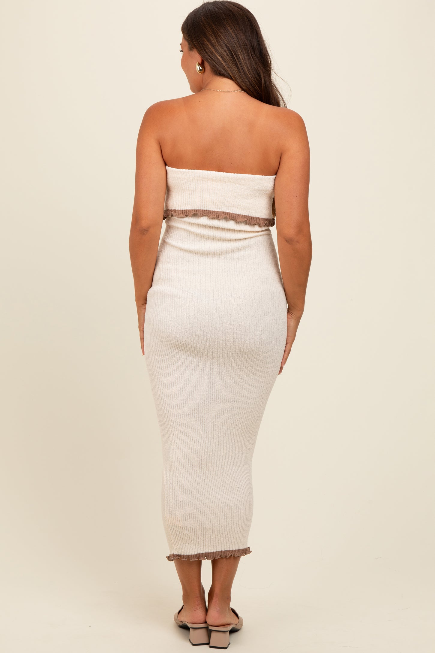 Cream Contrast Trim Maternity Strapless Knit Dress PinkBlush Cream Contrast Trim Maternity Strapless Knit Dress PinkBlush