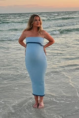 Light Blue Contrast Trim Maternity Strapless Knit Dress