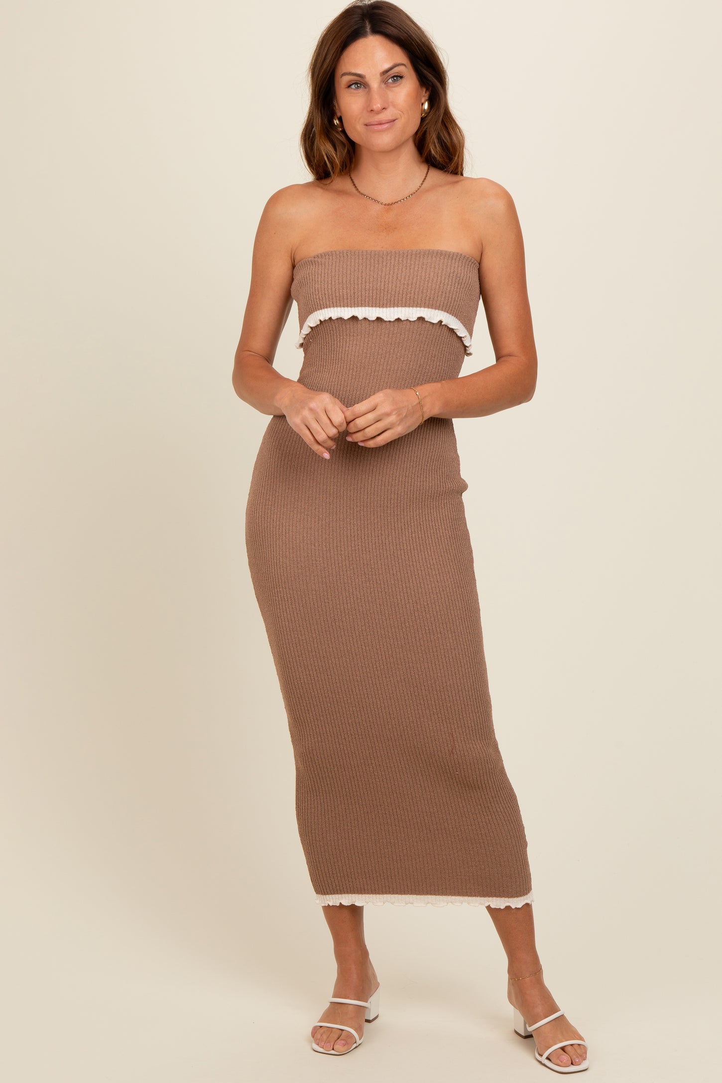 Taupe Contrast Trim Strapless Knit Dress – PinkBlush