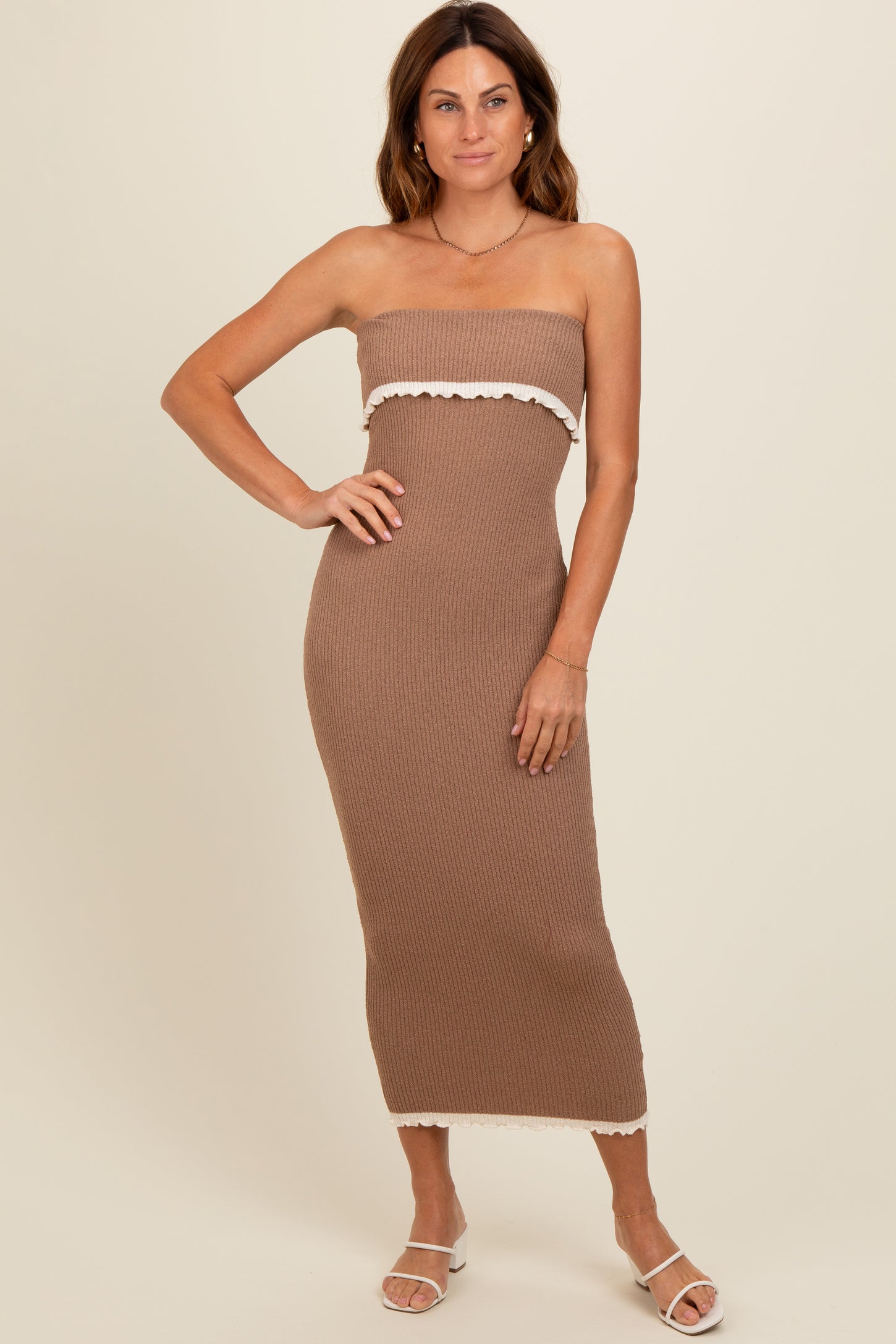 Taupe Contrast Trim Strapless Knit Dress PinkBlush Taupe Contrast Trim Strapless Knit Dress PinkBlush