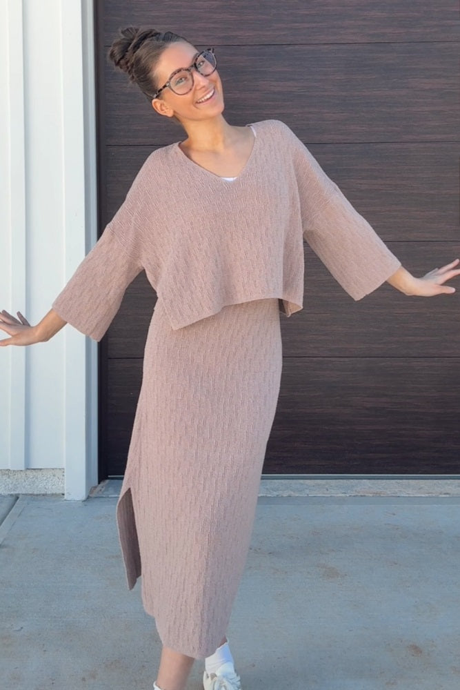 Mocha Textured Knit Top And Midi Skirt Set
