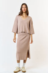 Mocha Textured Knit Top And Midi Skirt Maternity Set