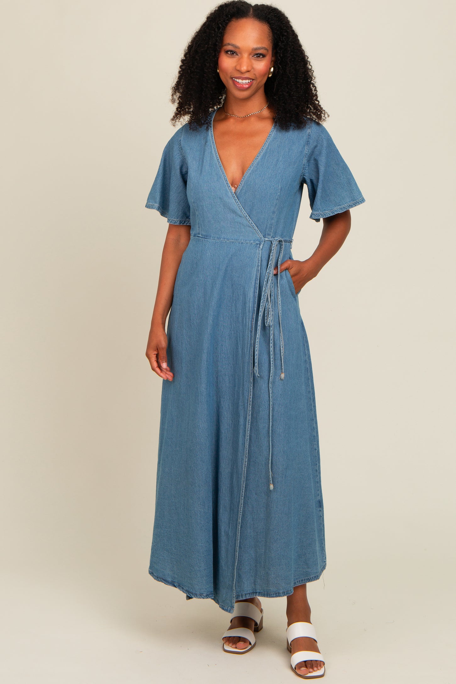 Blue Chambray Maternity Wrap Maxi Dress PinkBlush Blue Chambray Maternity Wrap Maxi Dress PinkBlush