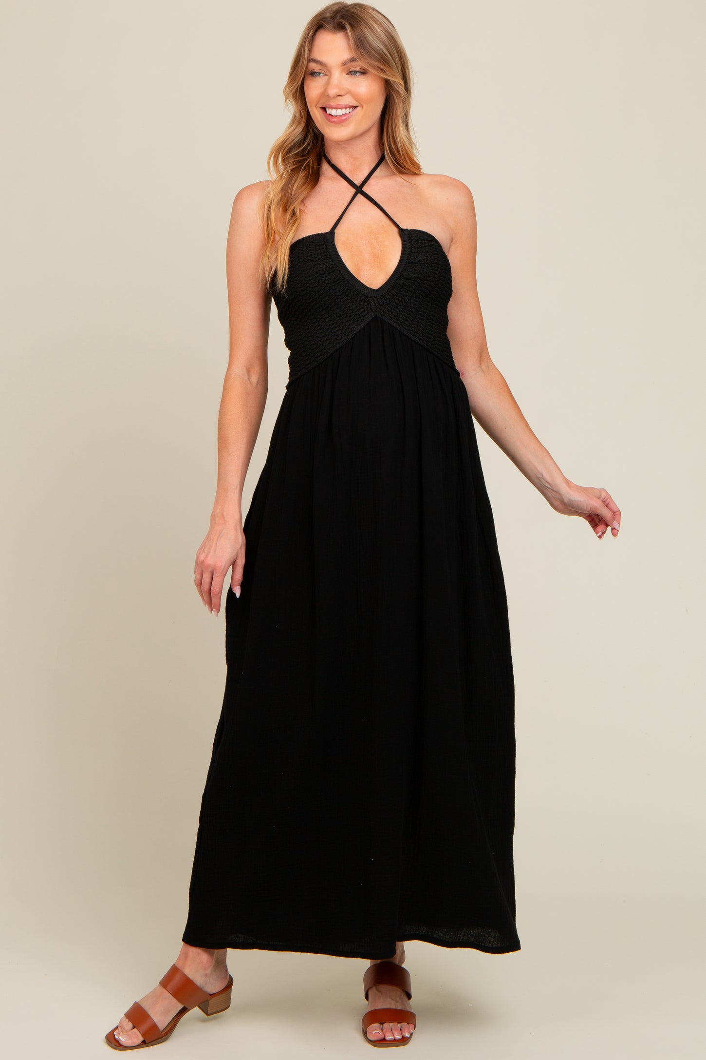 Black Halter Crochet Top Maternity Maxi Dress Black Halter Crochet Top Maternity Maxi Dress